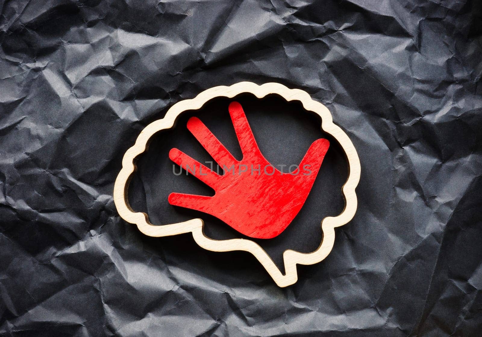 Red palm and brain as a symbol of Overthinking, fears and obsessive thoughts. by designer491