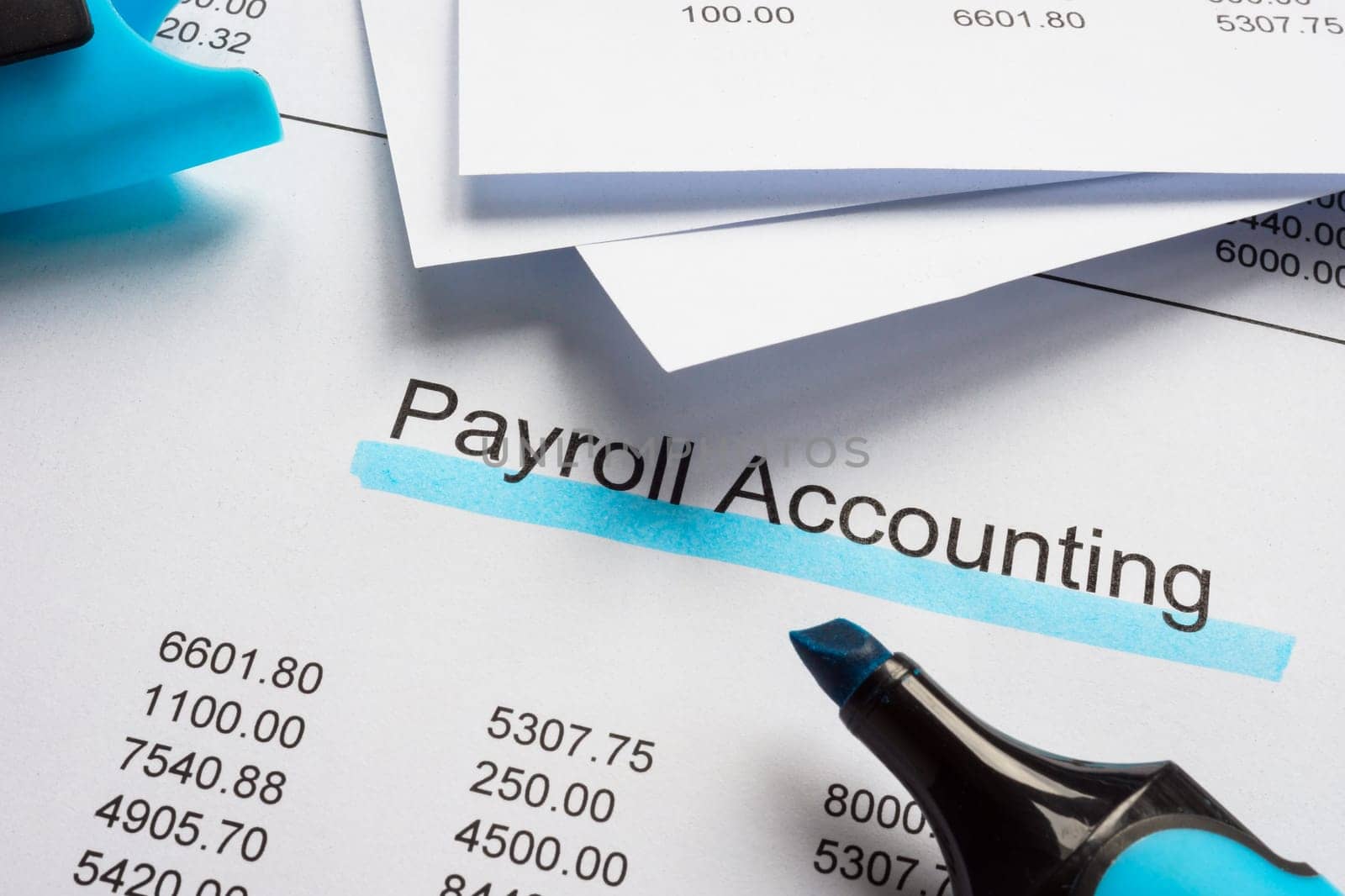 Documents with payroll accounting and marker. by designer491