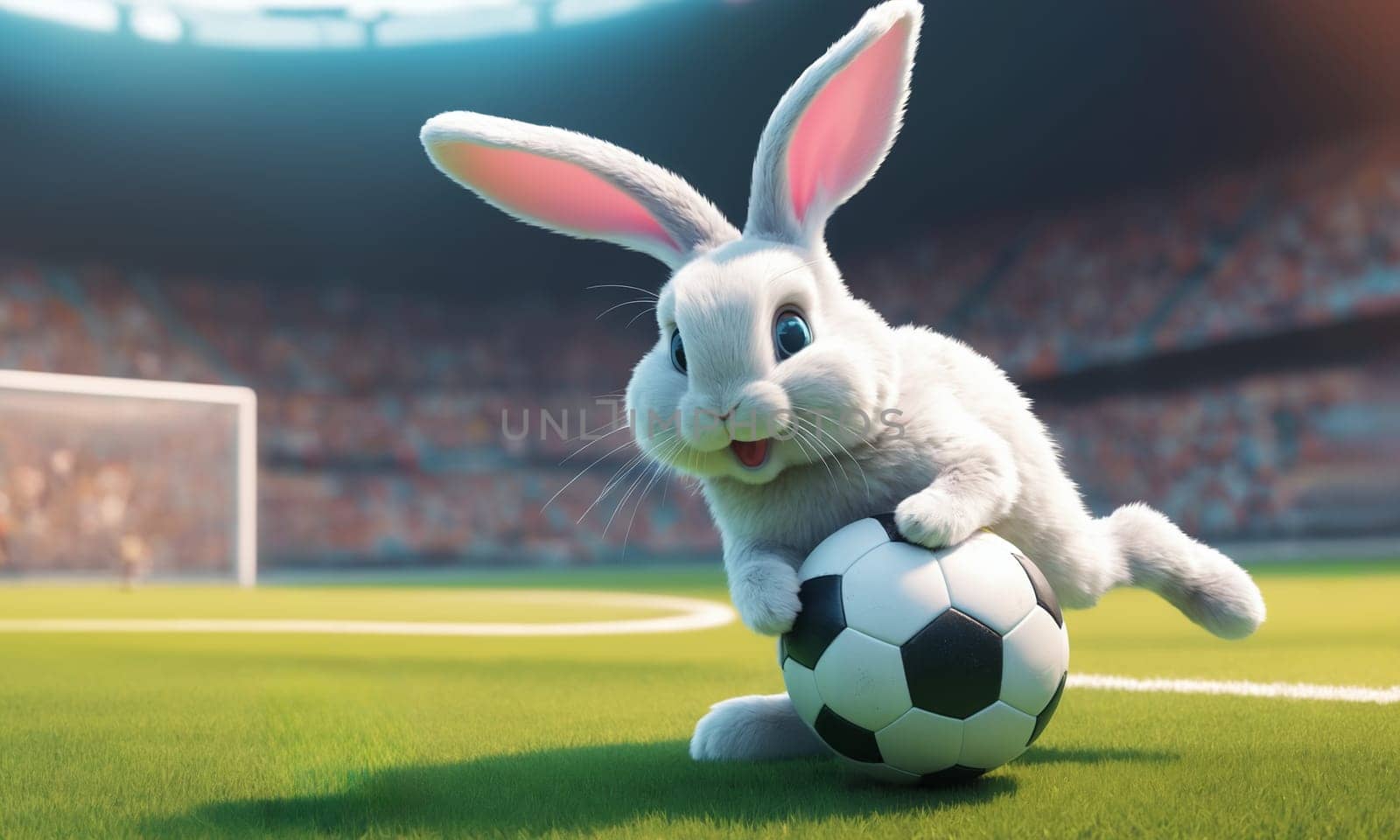Easter bunny with soccer ball on the field. 3D rendering.