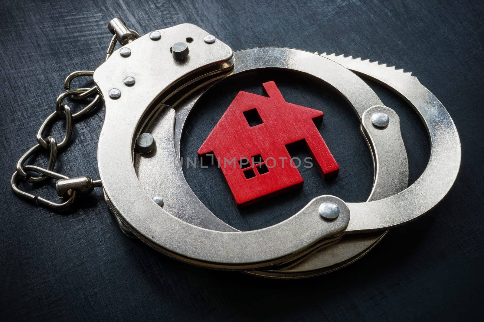 Model of home and metal handcuffs. Property fraud concept.