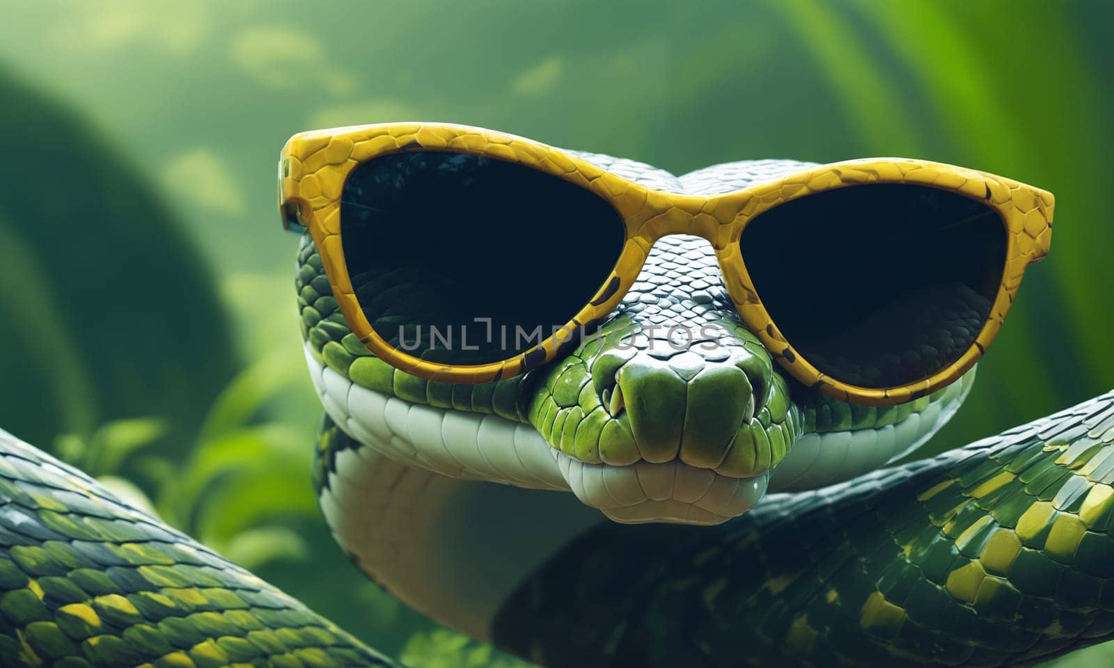 Blue snake with sunglasses on natural background