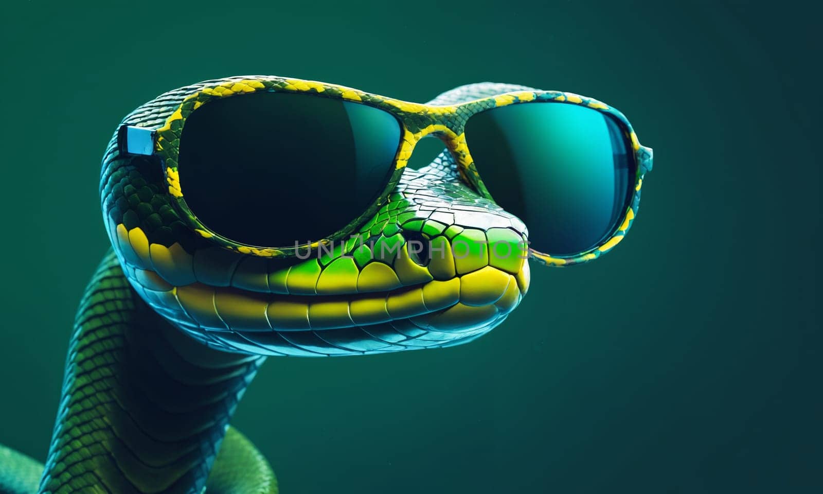 Blue snake with sunglasses on natural background