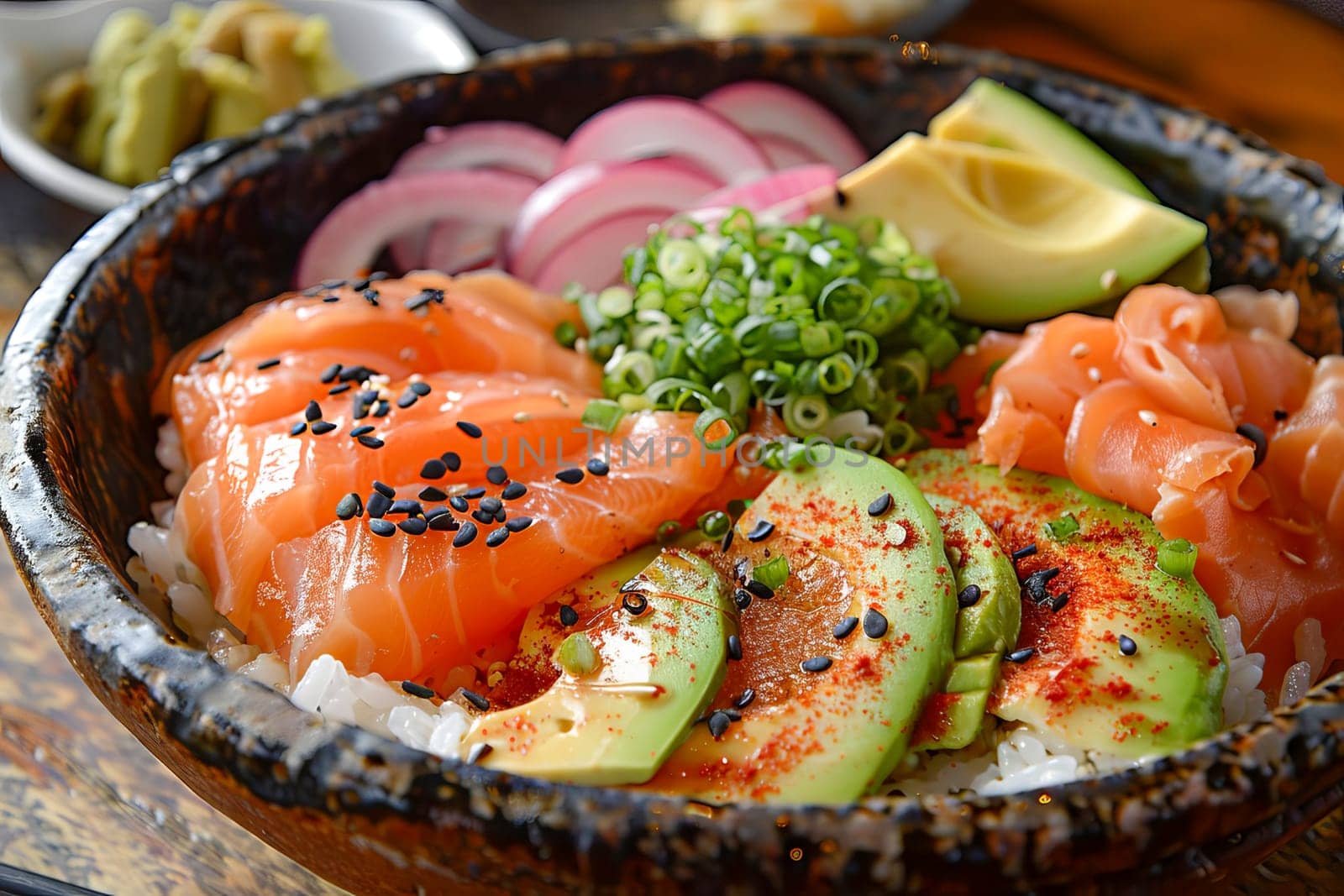 Bowl with salmon, avocado and other ingredients. Healthy food concept.