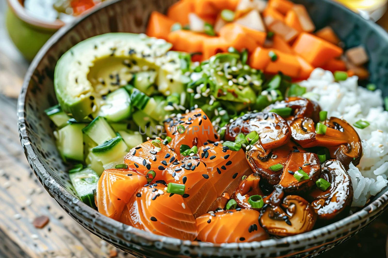 Bowl with salmon, avocado and other ingredients. Healthy food concept.