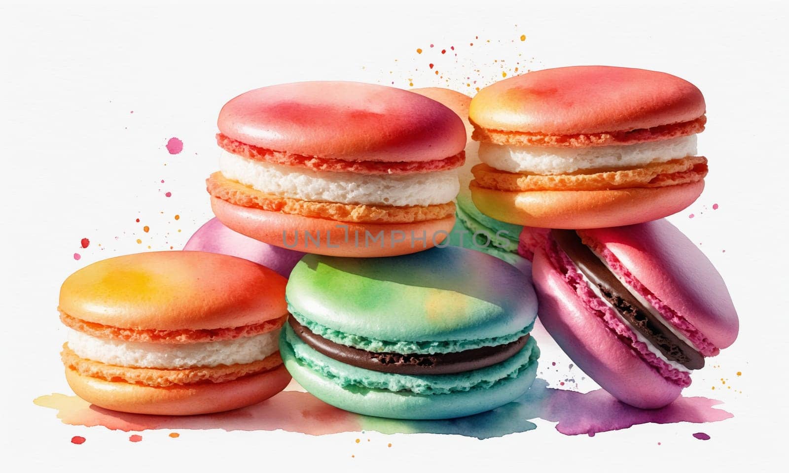 Colorful macaroons with watercolor splashes on white background by Andre1ns