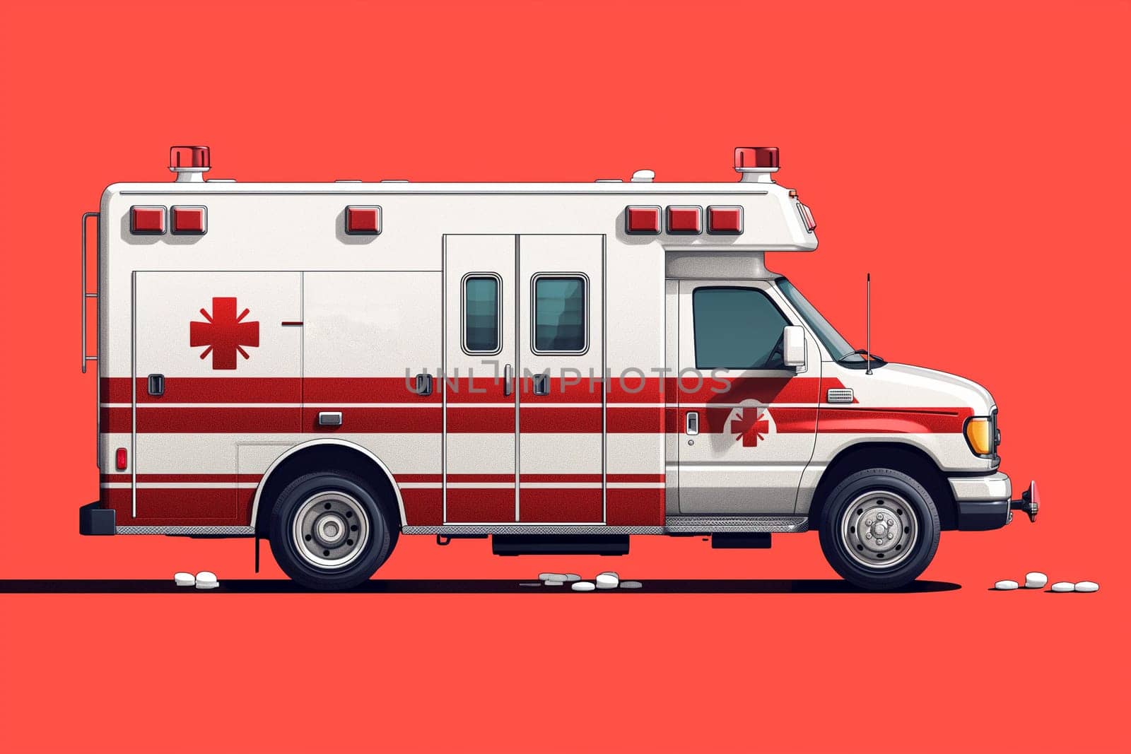 A red and white ambulance stands out against a red background, ready to respond to emergencies. The stark contrast of colors enhances visibility and conveys urgency.