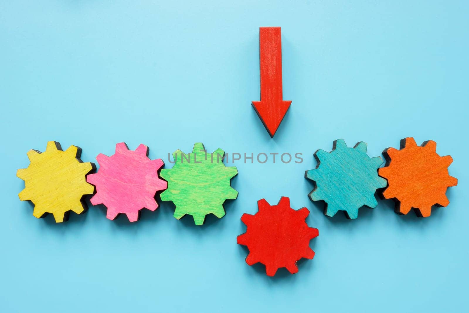 Colored gears as a symbol of teamwork and the weak link. by designer491
