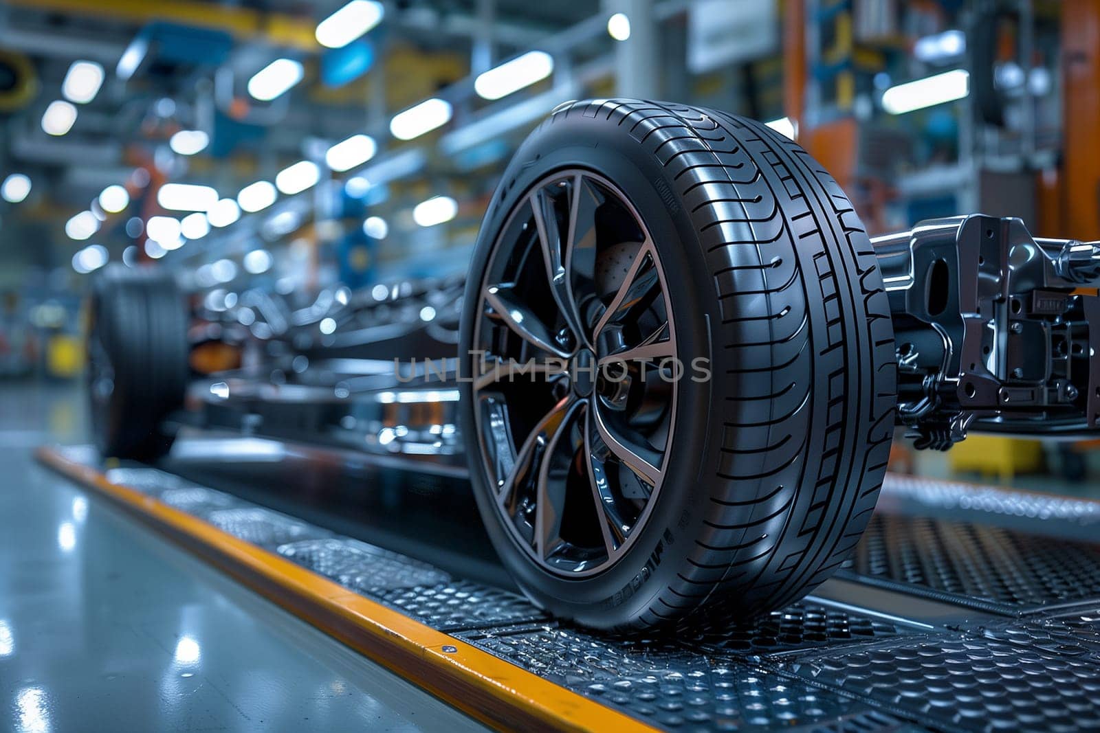 Chassis of an electric vehicle platform, in the assembly shop of a high-tech production facility.