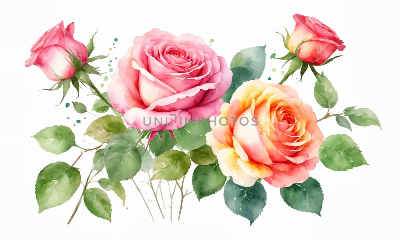 Watercolor bouquet of roses. Hand painted illustration isolated on white background.