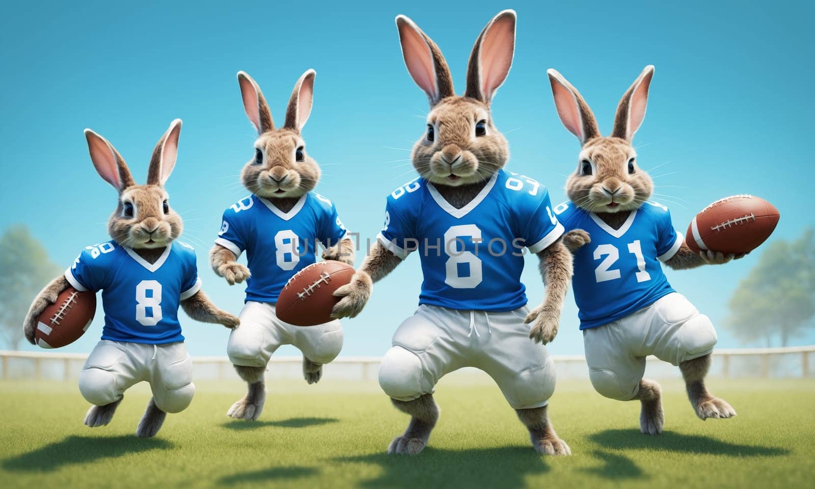 Rabbit soccer team on blue background, 3d rendering. Computer digital drawing