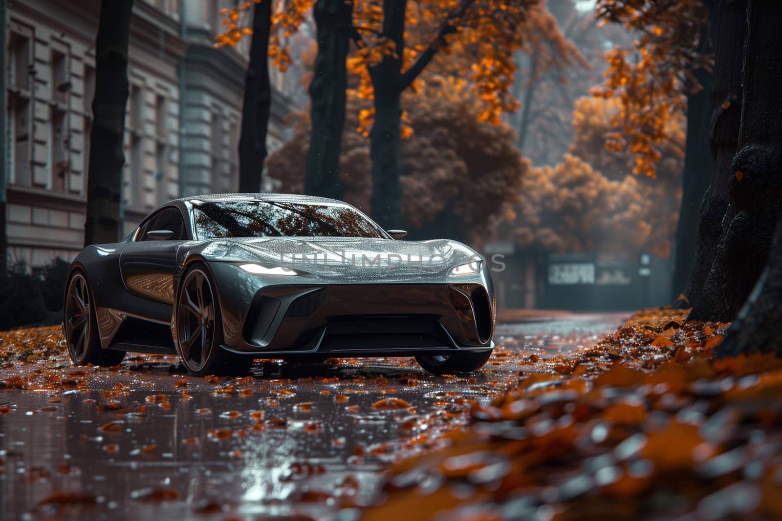 A modern sports car stands out against a backdrop of orange autumn leaves on a wet urban road, hinting at a blend of technology and nature during fall.