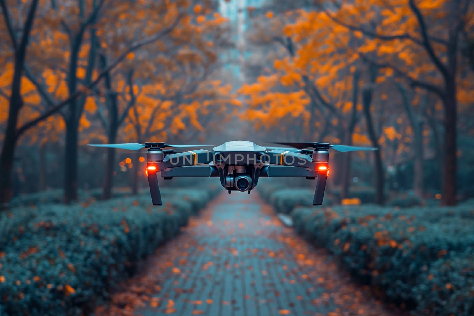 A black and white camera drone hovers above a dense forest, capturing the landscape below with a birds eye view.