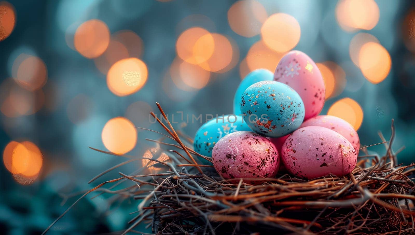 Colorful Easter eggs nestled in twig nest with bokeh lights background. Spring holiday celebration concept.