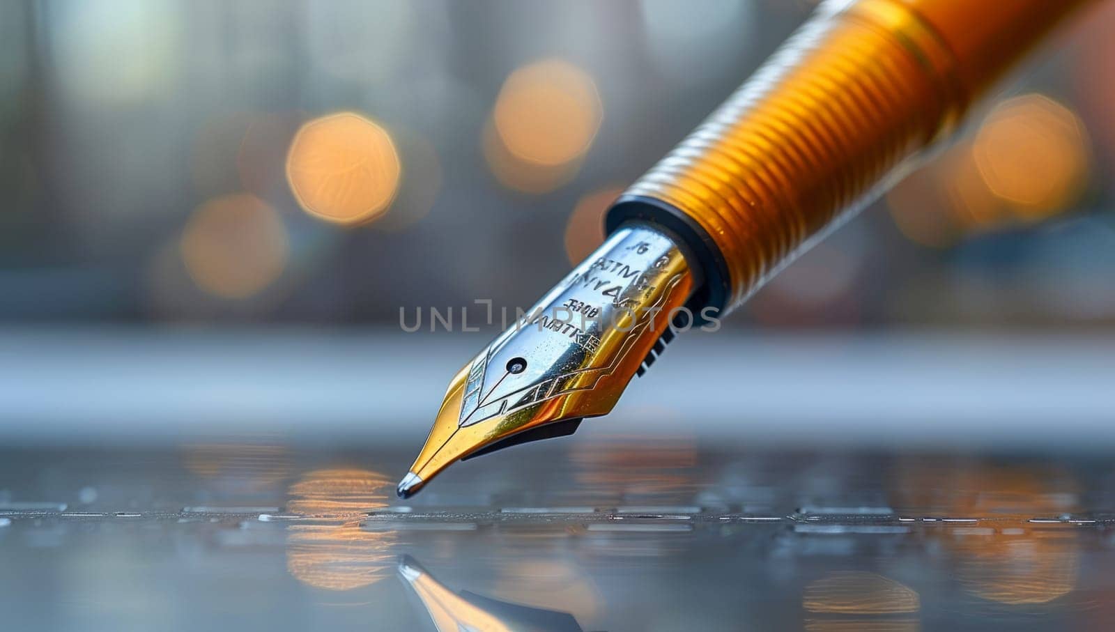 Fountain pen nib closeup with ink drops and bokeh lights. Concept of writing, creativity and artistic expression