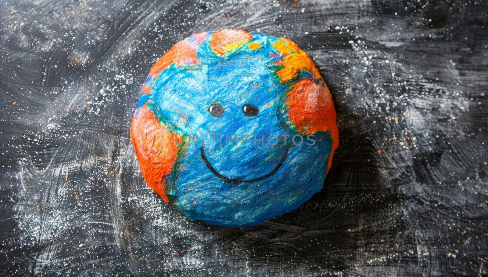 Smiling colorful clay planet Earth model on blackboard. Concept of environmental awareness, sustainability, and global unity