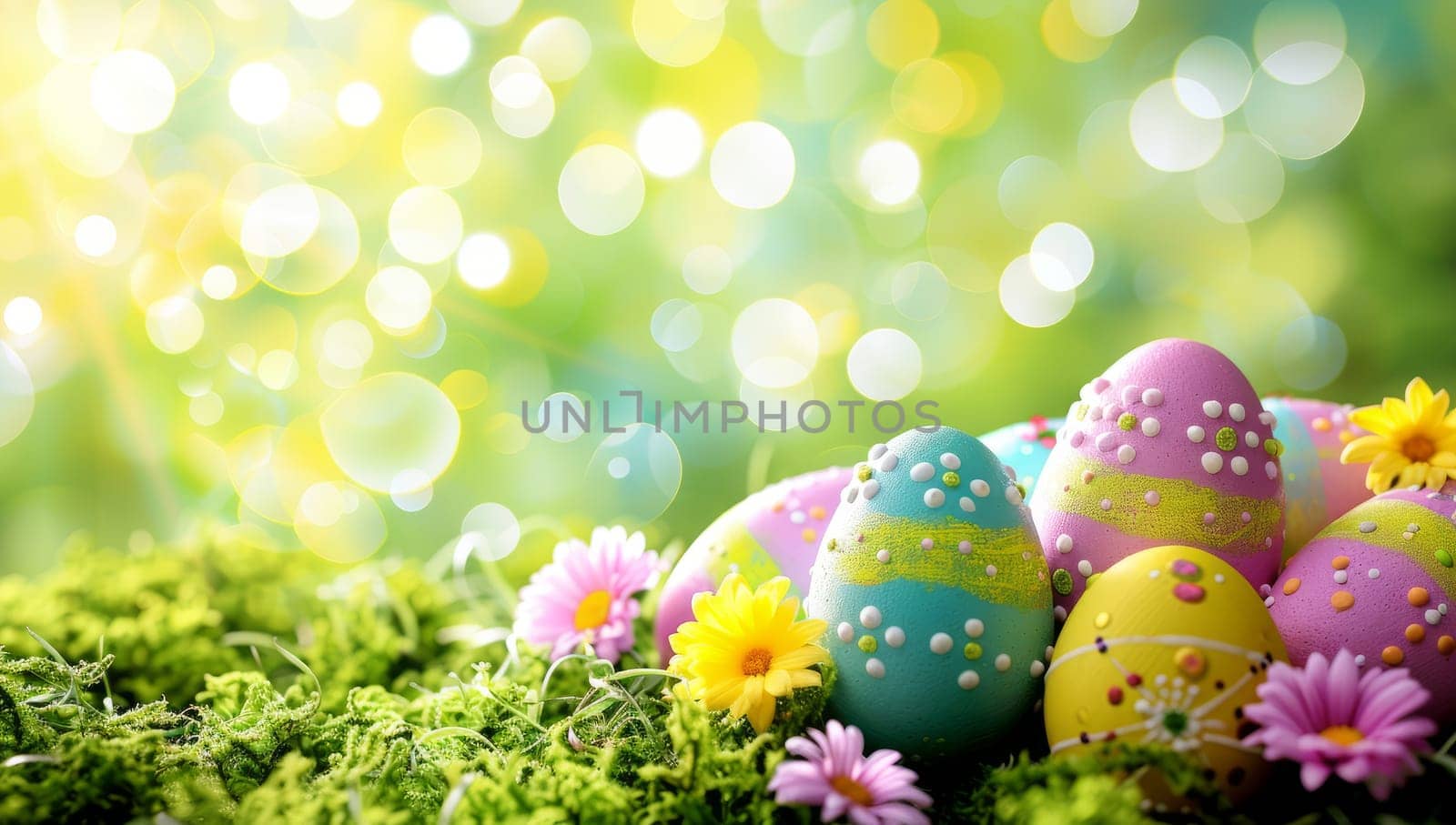 Colorful Easter Eggs and Springtime Flowers on Grassy Field with Bokeh Background. Concept of Spring Holidays and Natures Renewal by ailike