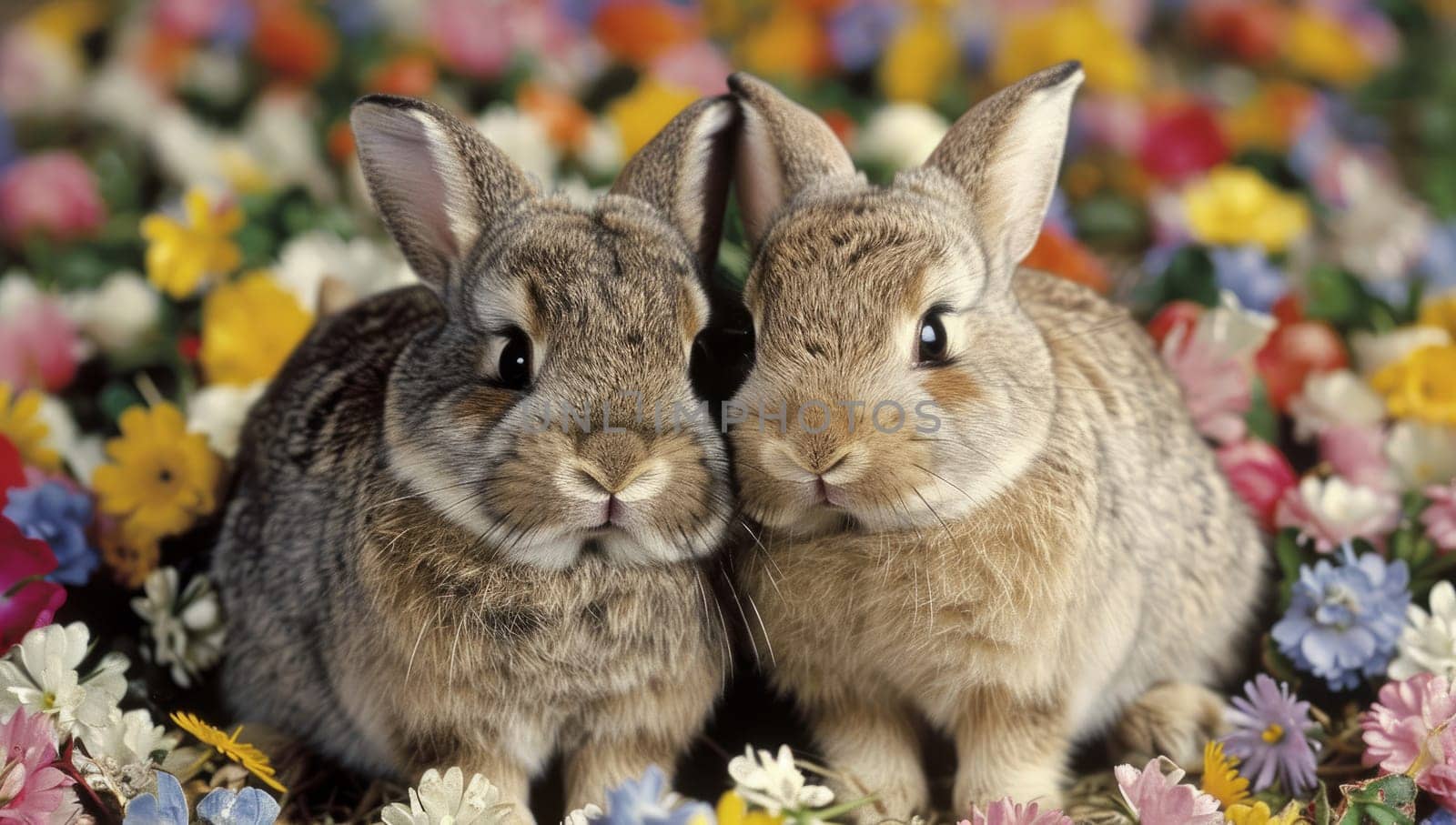Two adorable rabbits snuggling in a field of colorful flowers