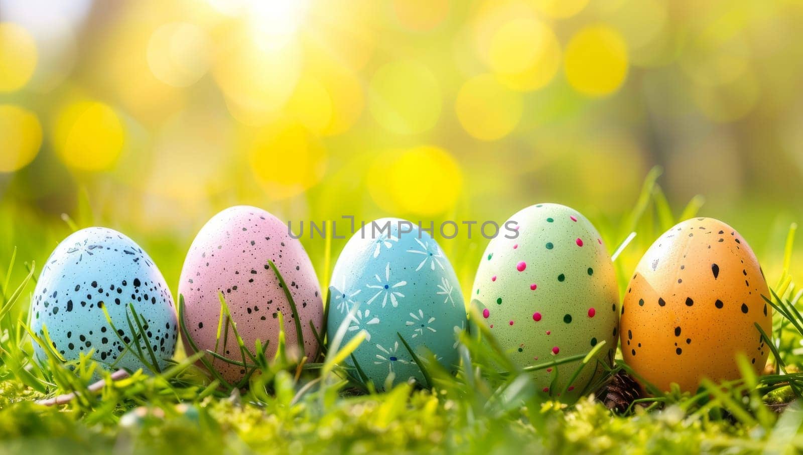 Colorful Easter eggs nestled in green grass with bokeh background. Spring holiday celebration concept.