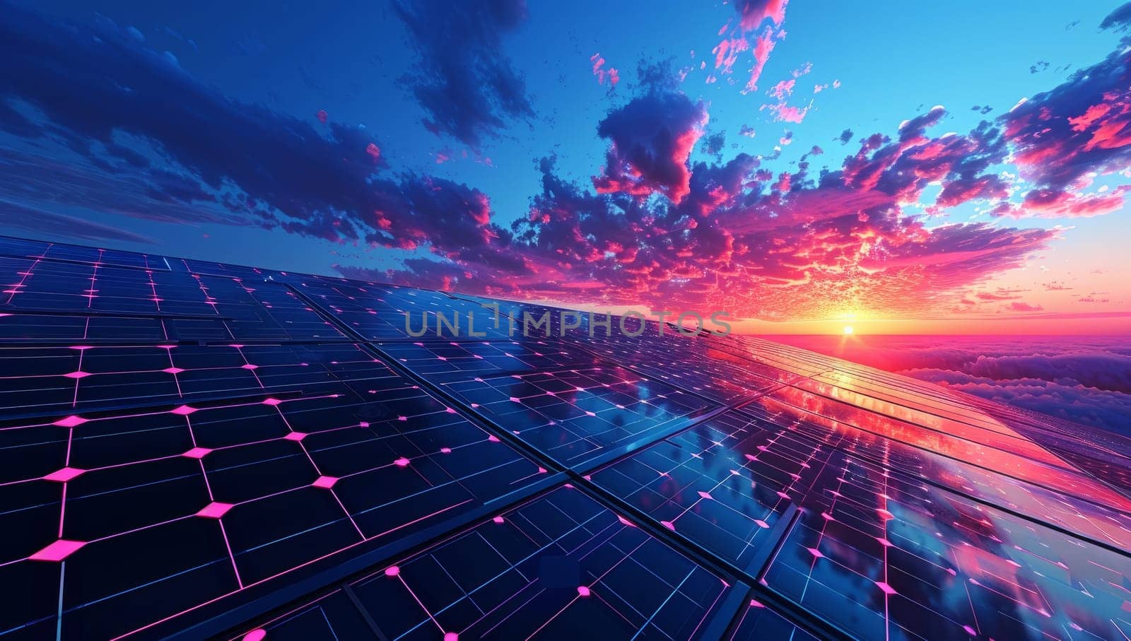 Renewable solar energy farm with photovoltaic panels at vivid sunset sky. Sustainable clean power generation and eco friendly technology concept