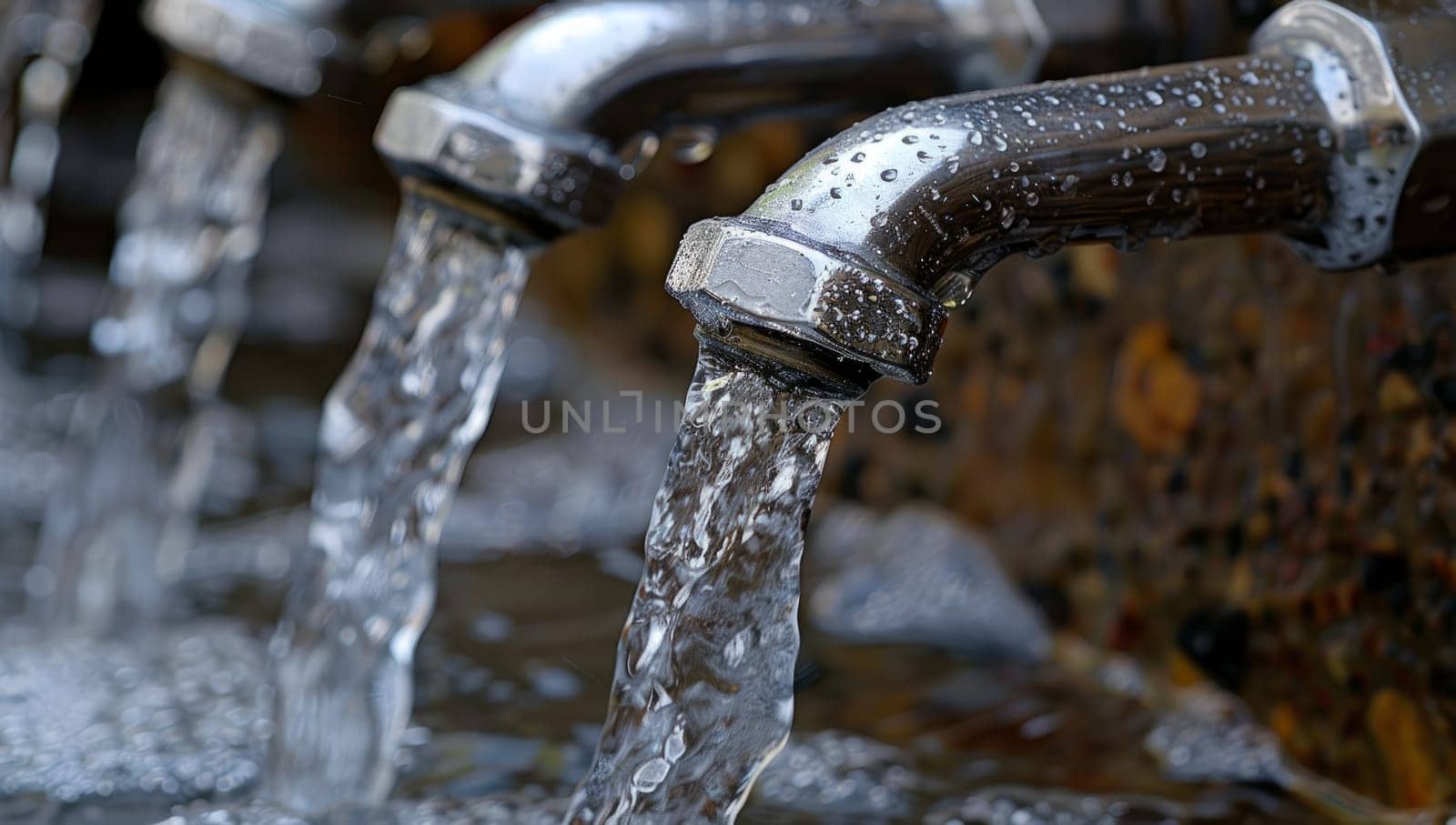 Water flowing from outdoor faucet tap. Refreshing natural stream, environmental conservation concept.