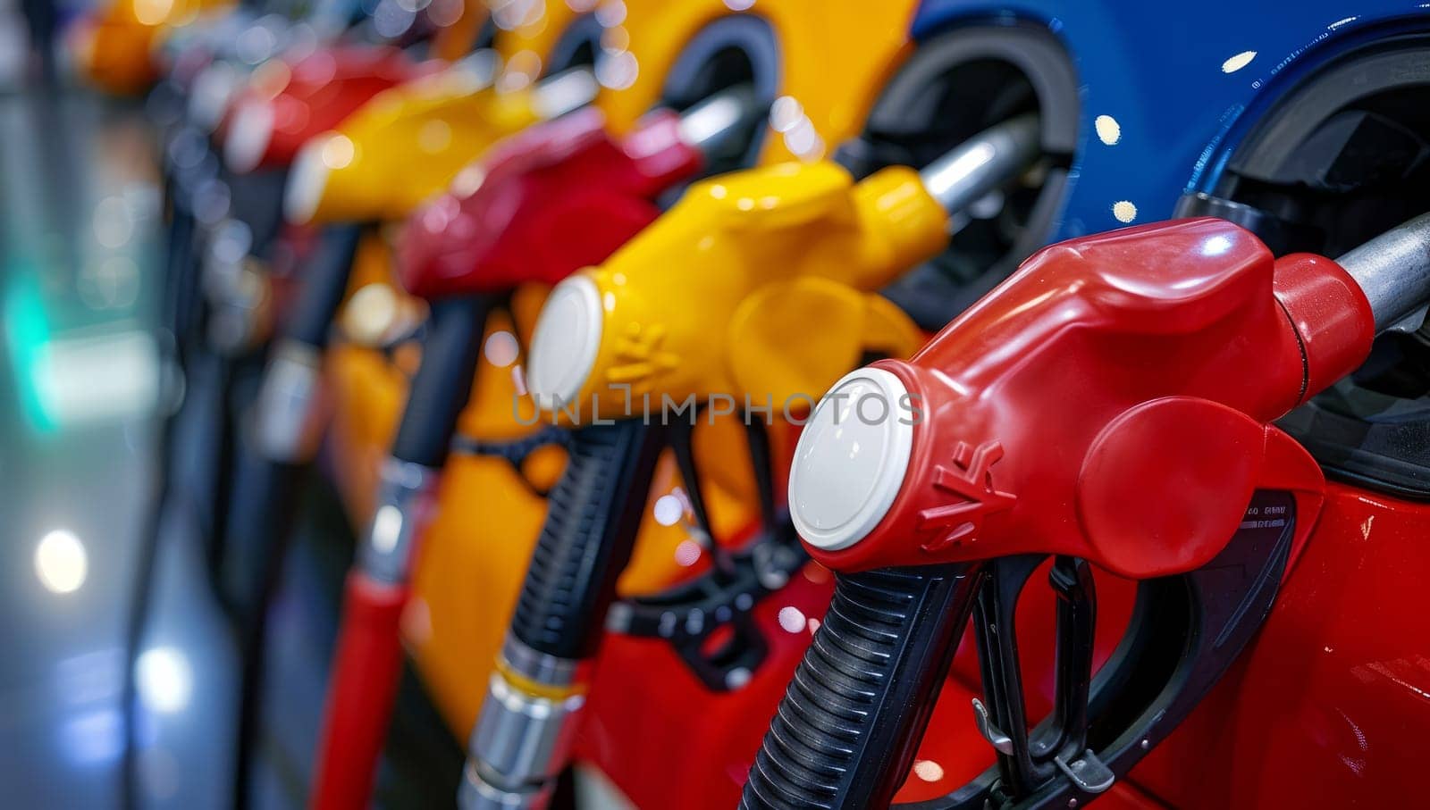 Row of various colored gas pump nozzles in a gas station. Concept of transportation, fuel, energy, and the environment.