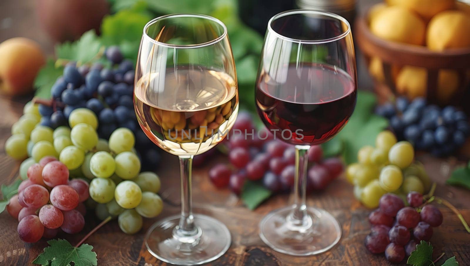 Wine Tasting Experience with Assorted Grapes and Glasses of Red and White Wine. Concept of Winery, Vineyard, and Gourmet Indulgence