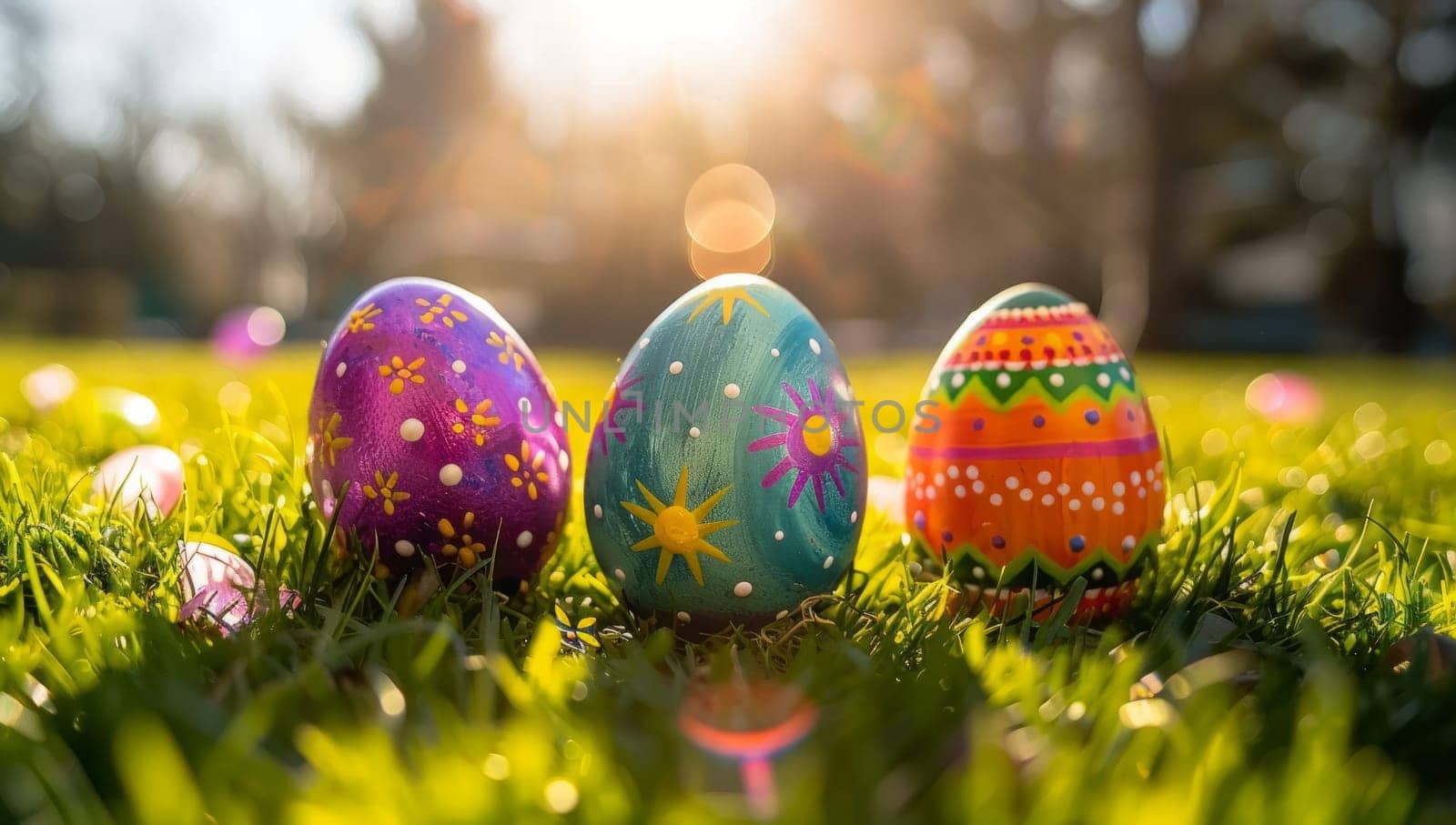 Vibrant Easter eggs in spring meadow with flowers and sunlight