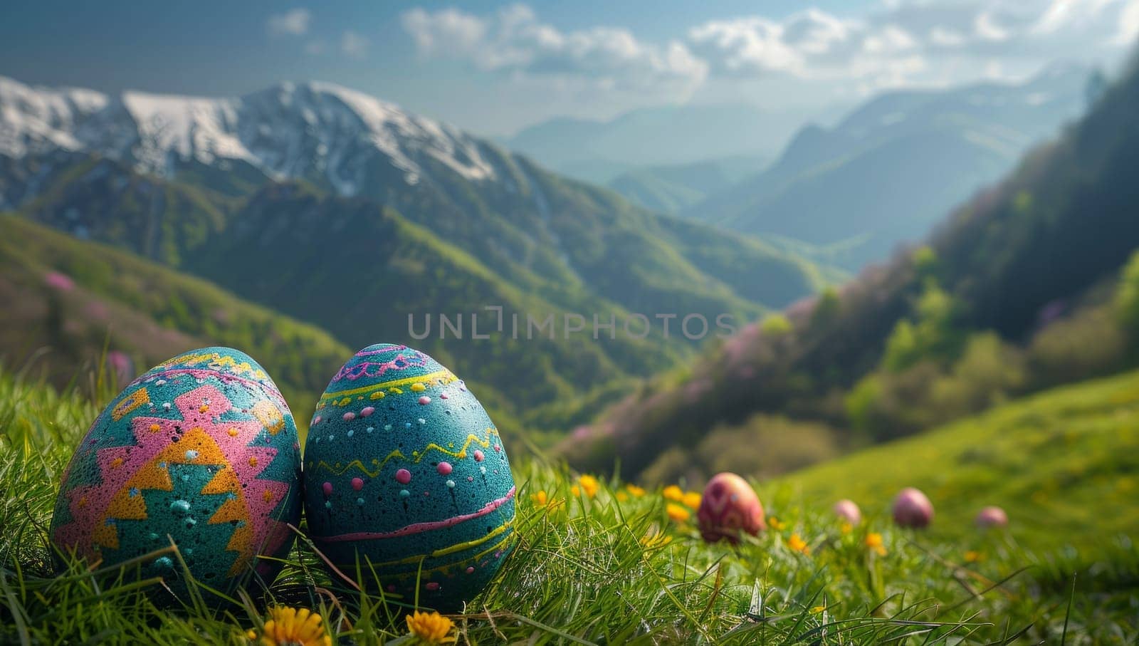 Colorful Easter eggs nestled in alpine meadow with majestic mountain landscape. Springtime celebration and holiday traditions amidst breathtaking natural scenery