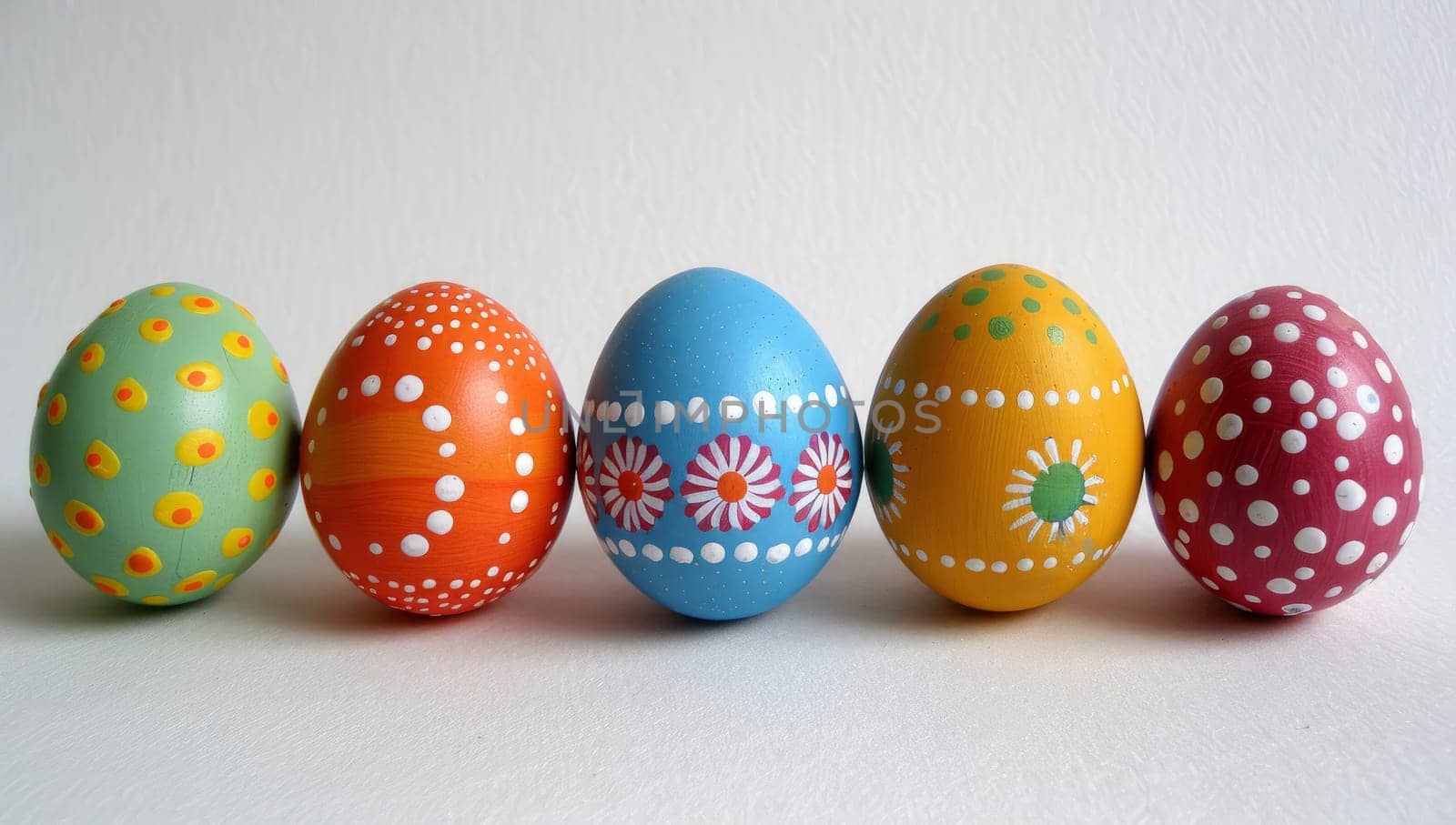 A row of five painted Easter eggs in bright colors with floral and polka dot designs.