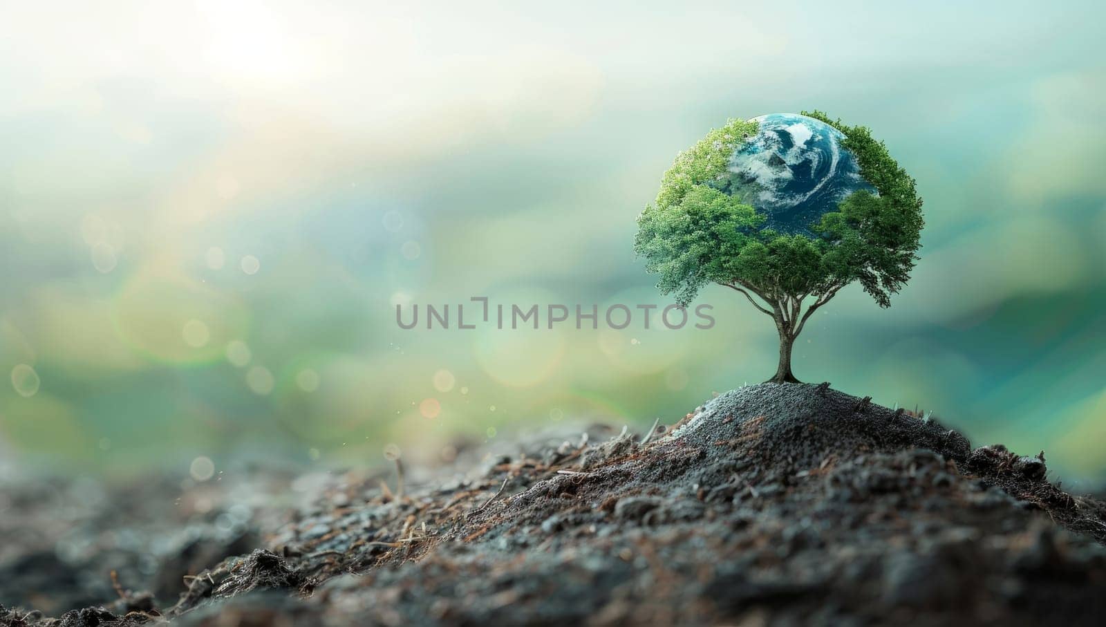 Lone tree growing on mound of soil, symbolizing environmental conservation, sustainability and perseverance of nature against the odds