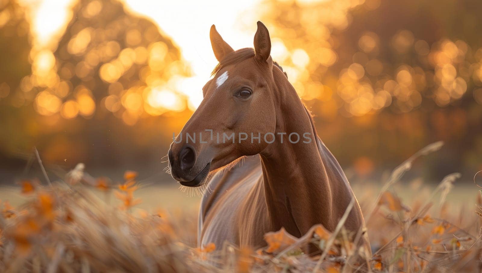 Majestic horse portrait in golden autumn field at sunset. Equine beauty and freedom concept in nature landscape