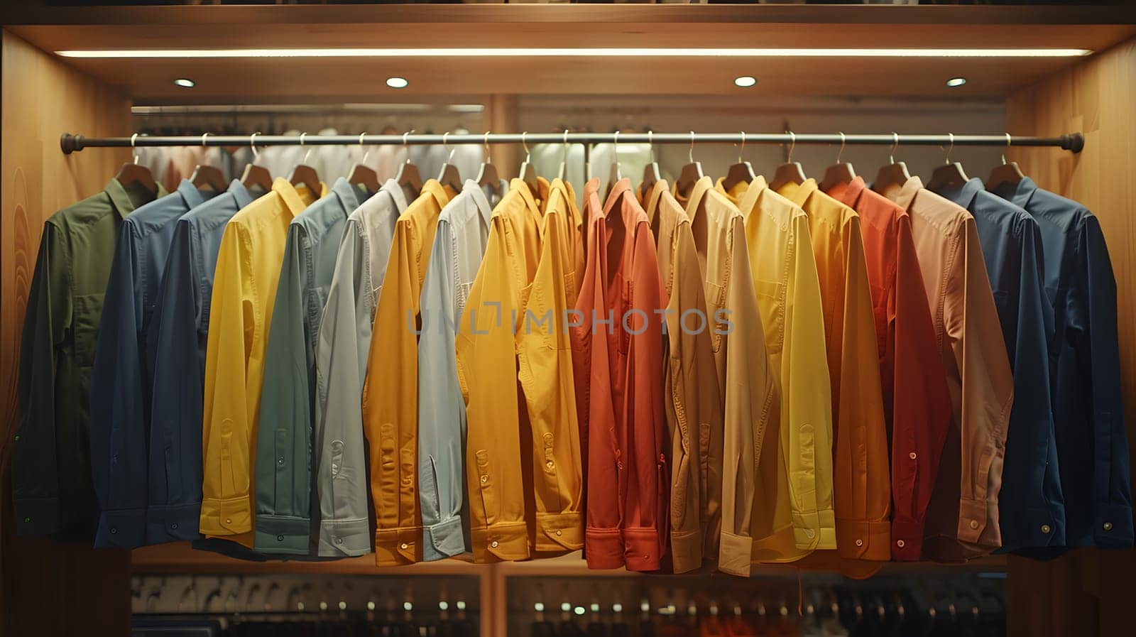 a closet filled with lots of colorful shirts hanging on a rack . High quality