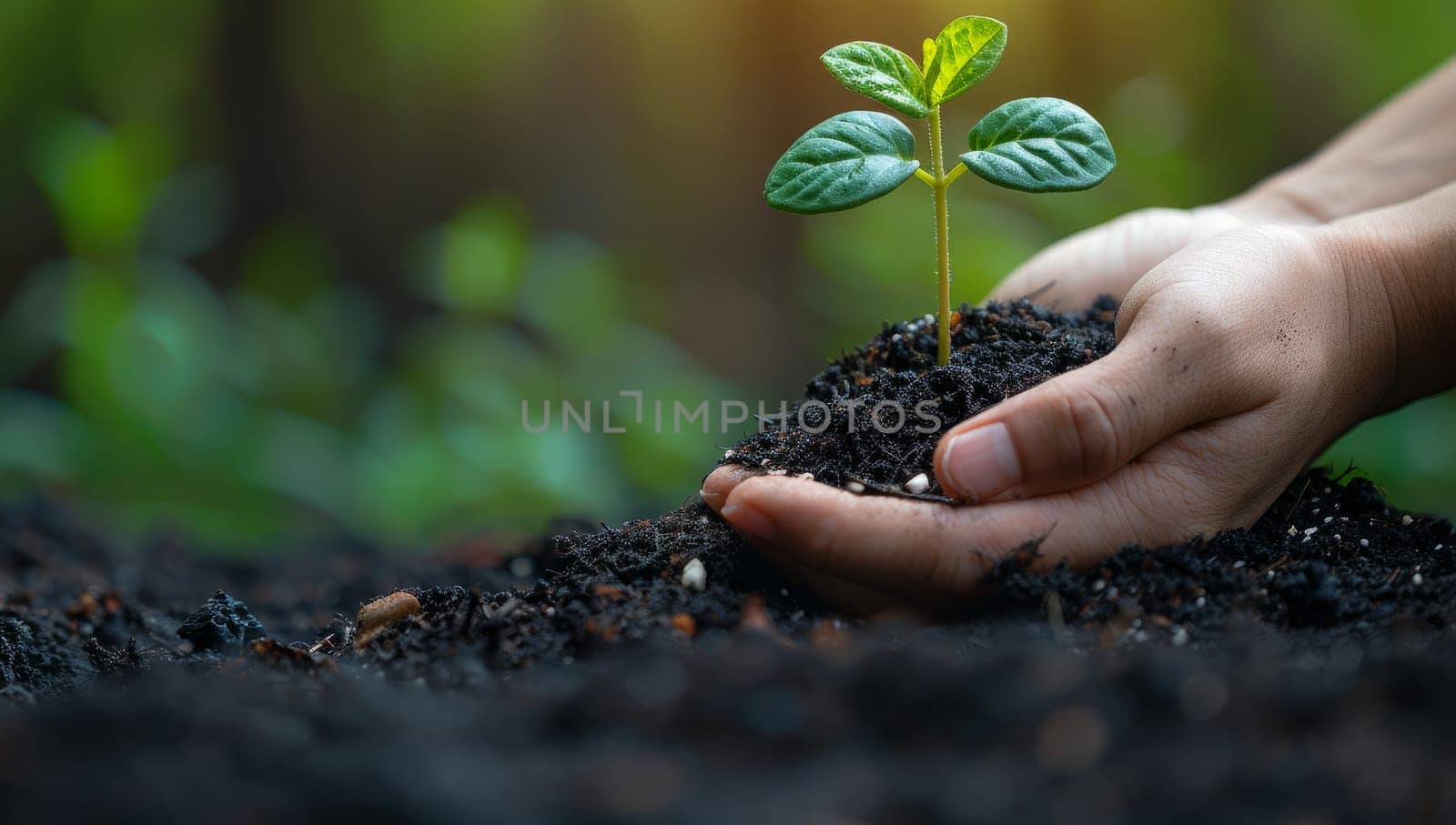 Nurturing Growth, Hands Planting Seedling in Fertile Soil, Symbolizing Environmental Sustainability and New Life