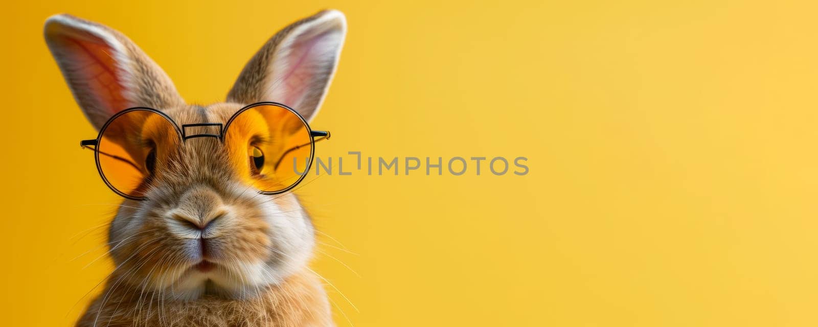Bunny wearing funny glasses on yellow background. Humorous rabbit portrait with copy space.