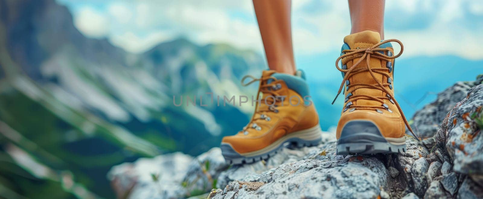 Legs of traveler standing on the cliff. Travel and freedom concept, with copy space for text. by NataliPopova
