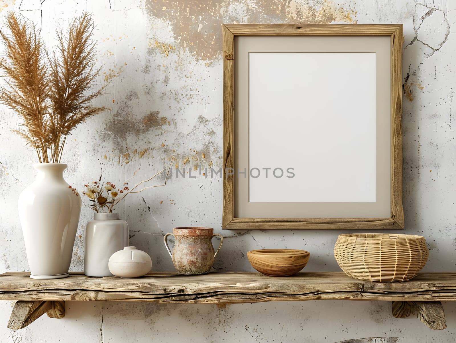 Wooden shelf with picture frame and vases, perfect for interior design by Nadtochiy