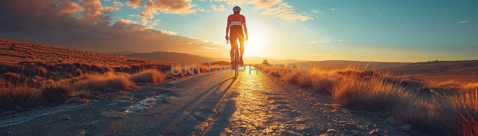 Bicyclist's shadow against the setting sun on an open road, capturing freedom and endurance