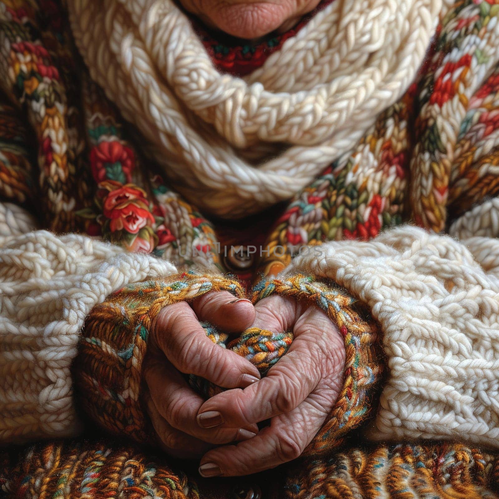 Fingers entwined in knitting, illustrating the craft and comfort of creating.