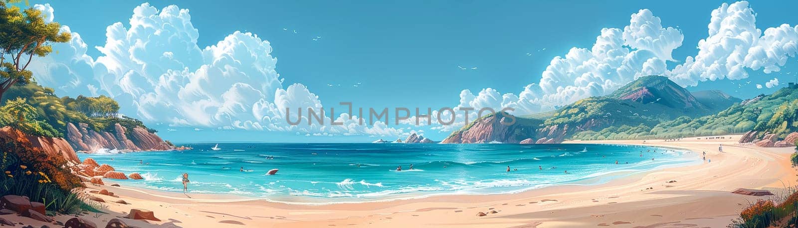 Cartoon illustration of a lively beach day, designed with cute characters and bright, sunny colors.