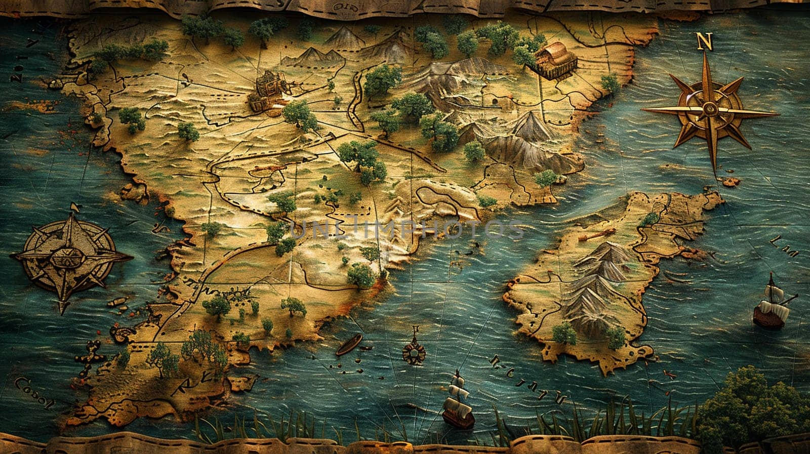Map of a treasure island in a creative digital art style, with X marking the spot and adventurous trails.