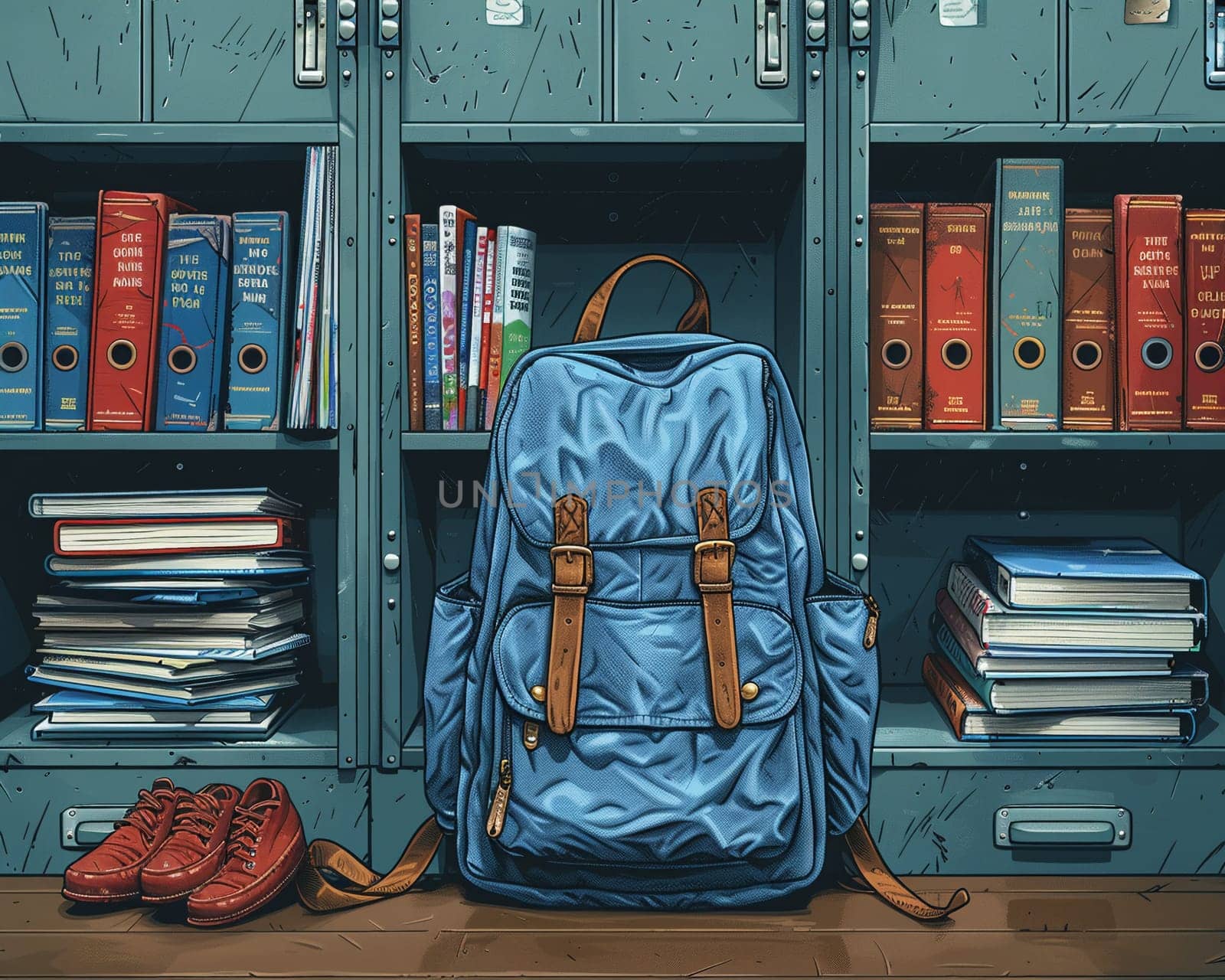 School backpack with books and supplies against a locker, symbolizing education and student life.