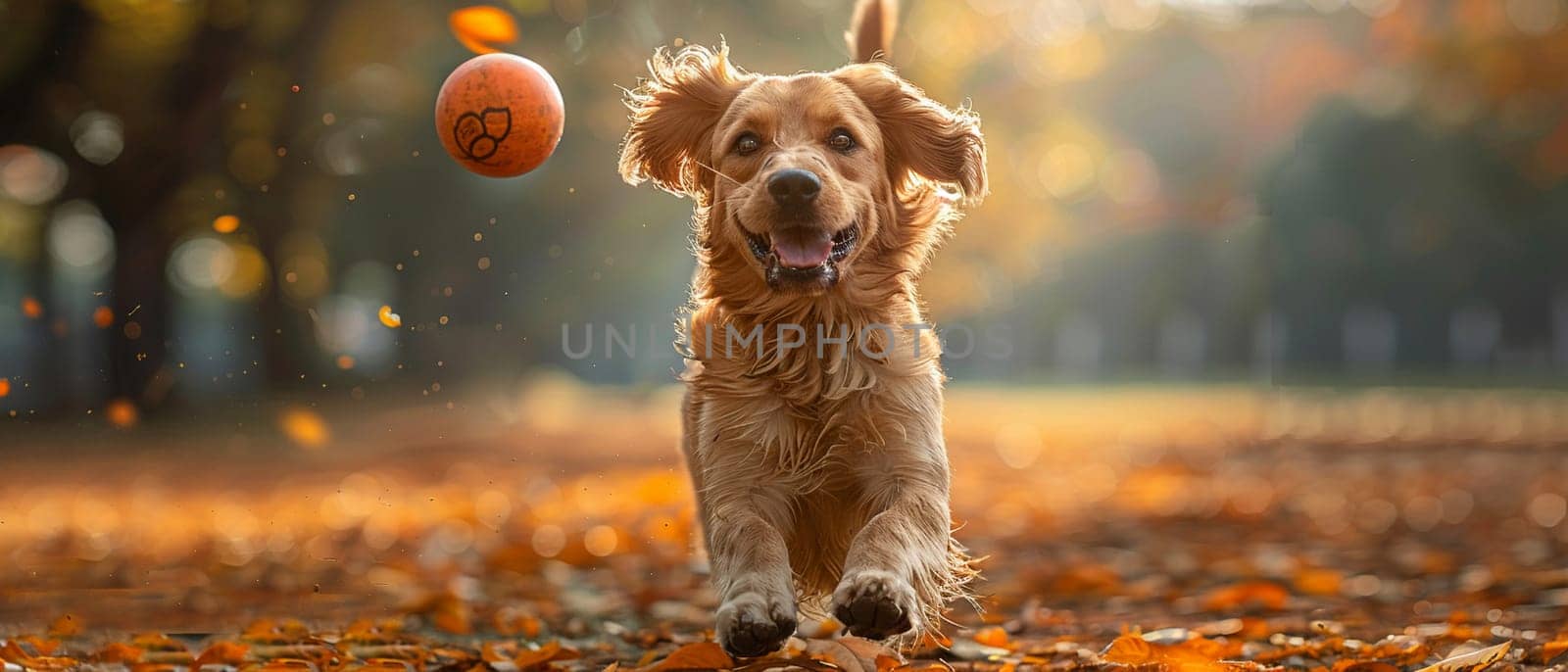 Dog fetching a ball in a park by Benzoix