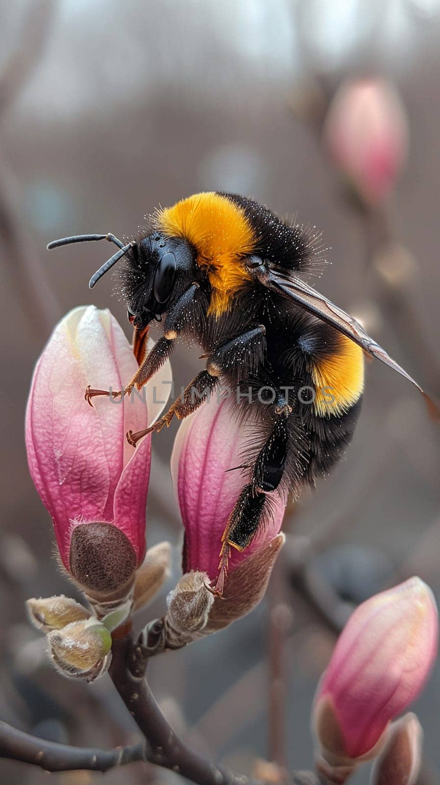 Close-up of a bee on a blooming flower, showcasing pollination and the beauty of spring