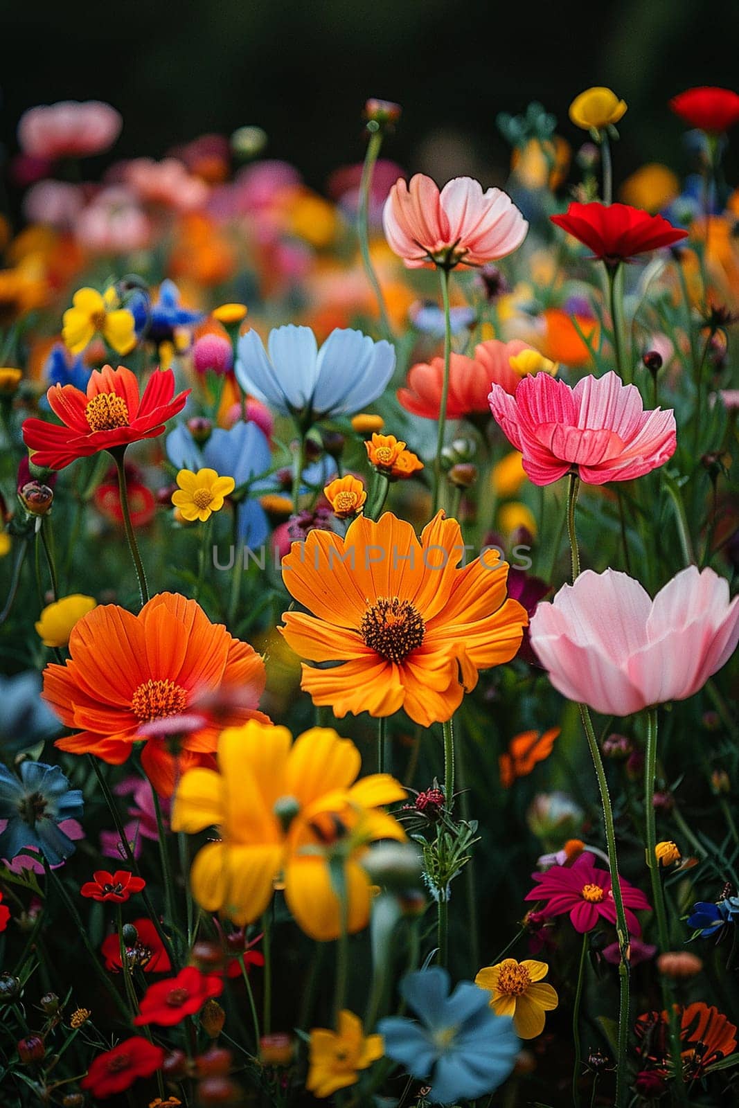 Garden full of blooming flowers on a sunny day, symbolizing growth and natural beauty.