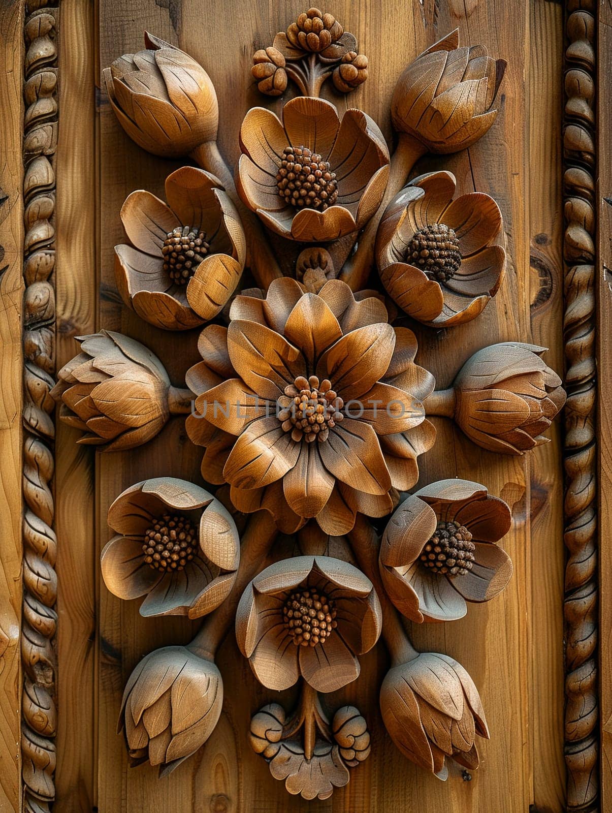 Wooden surface with intricate carvings, illustrating craftsmanship and artistry.
