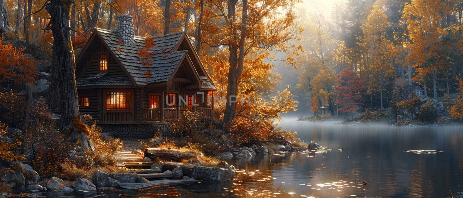 Rustic cabin in the woods depicted with a Thomas Kincade-like focus on light and idyllic settings