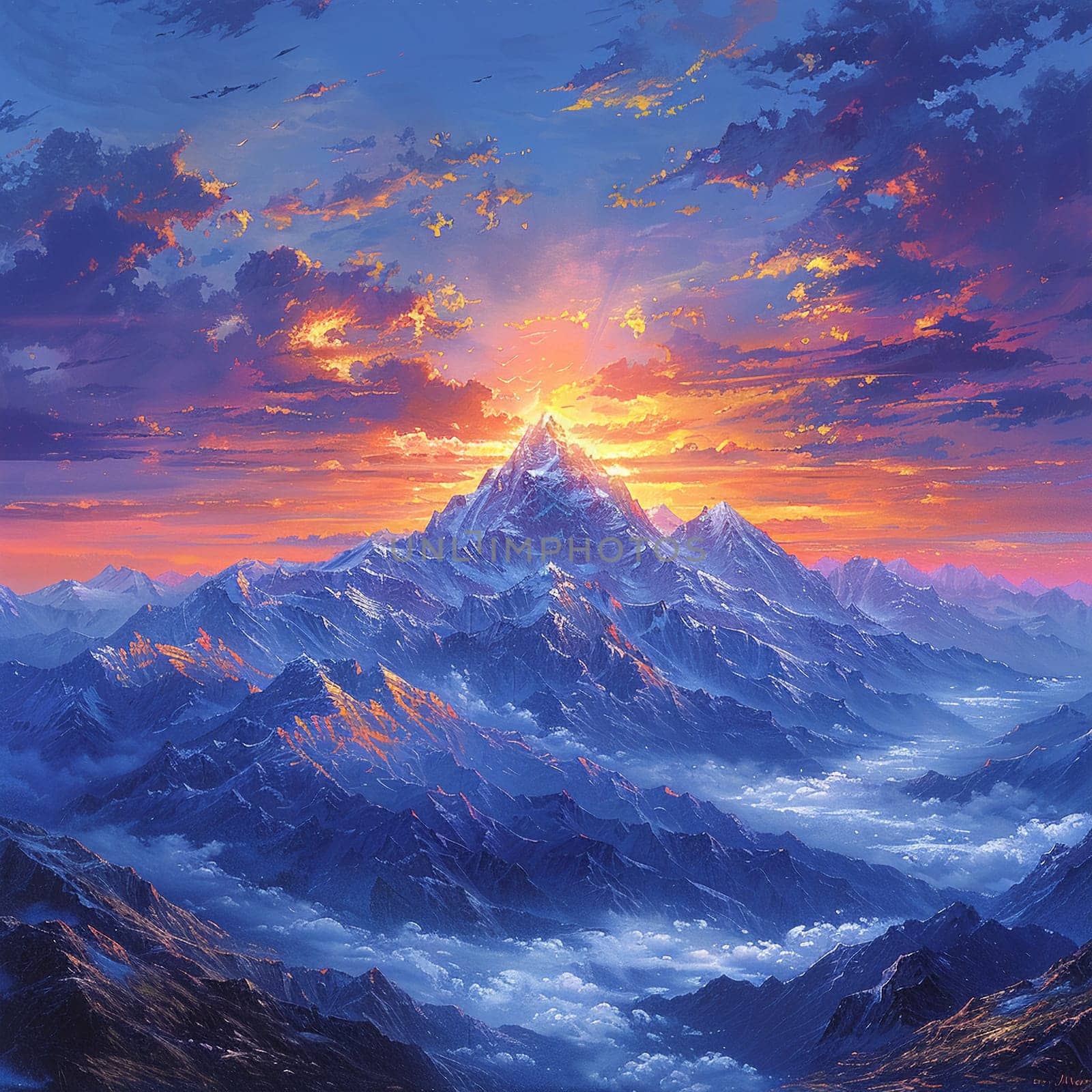 Mountain peak sunset painted with an emphasis on dramatic lighting and expansive views in a romantic style