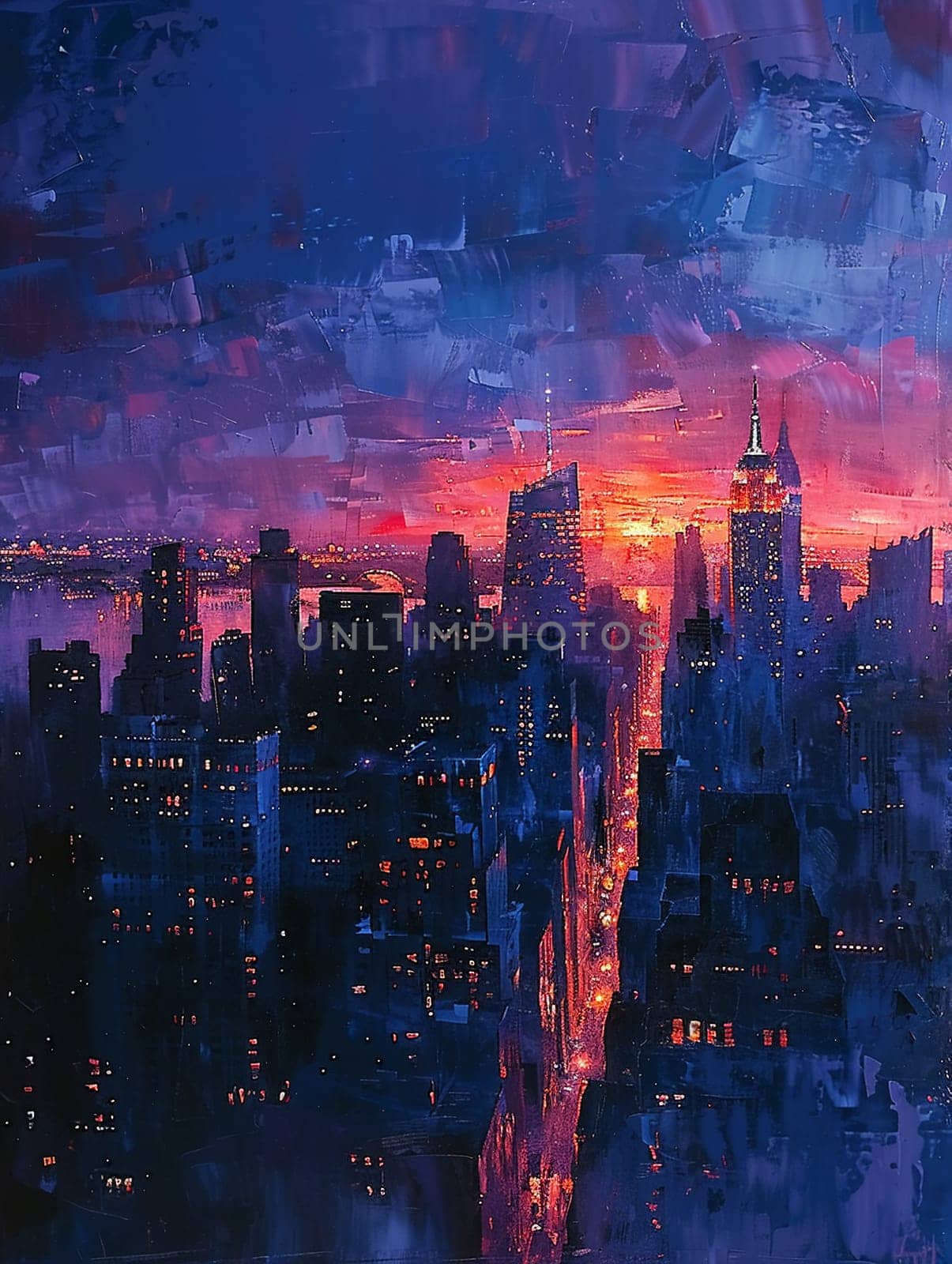 City skyline at dusk painted in broad, impressionistic strokes of deep blues and purples.