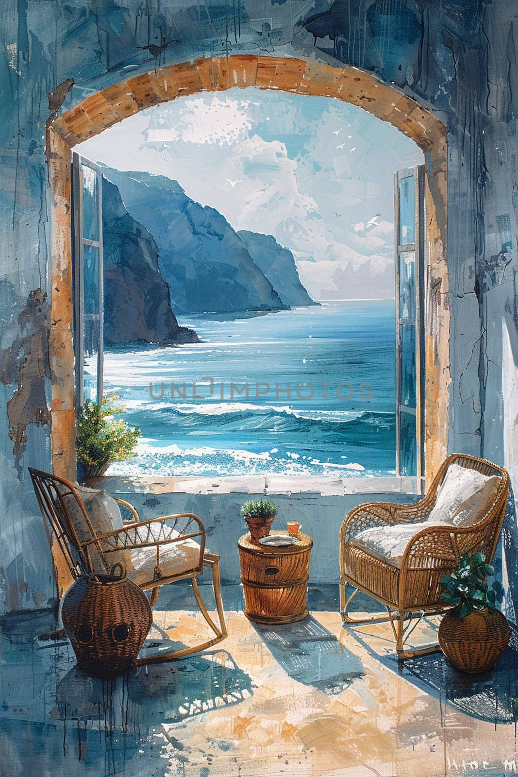 Artist's retreat by the sea depicted with a serene, calming palette and a focus on the creative escape.