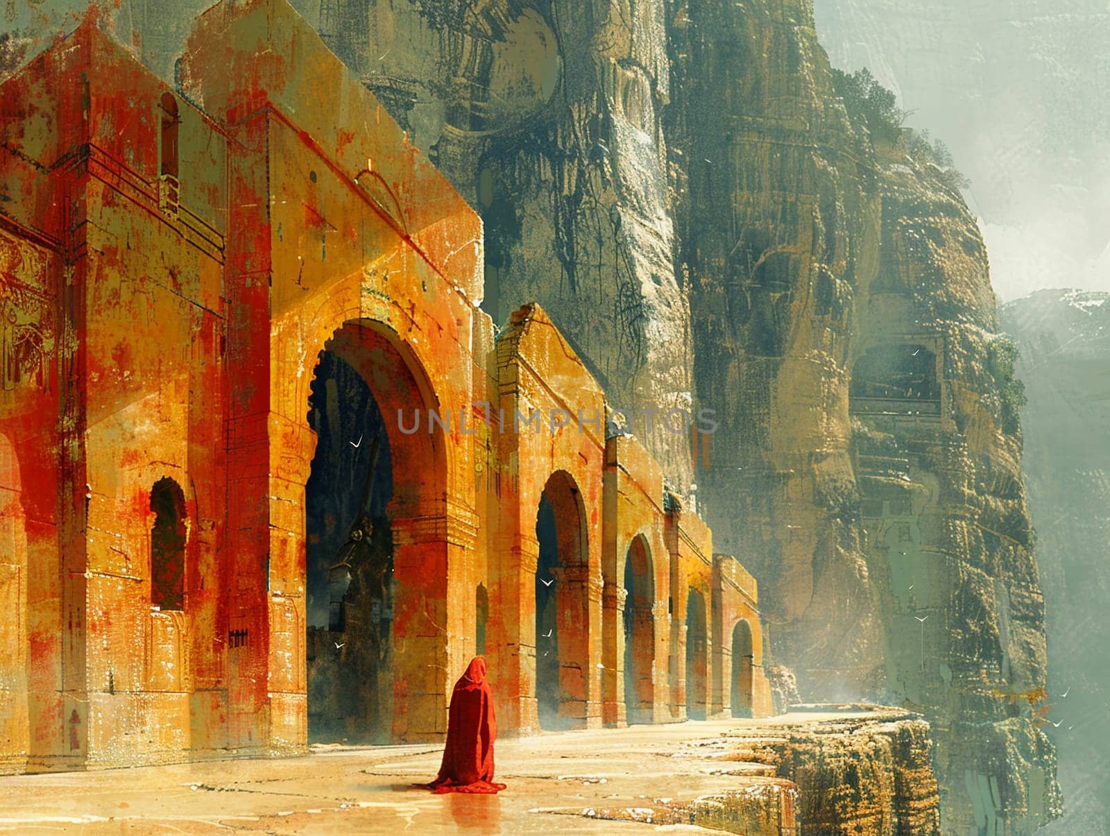 Temple explorer scene rendered in earthy, muted tones of gouache, emphasizing the weight of history.